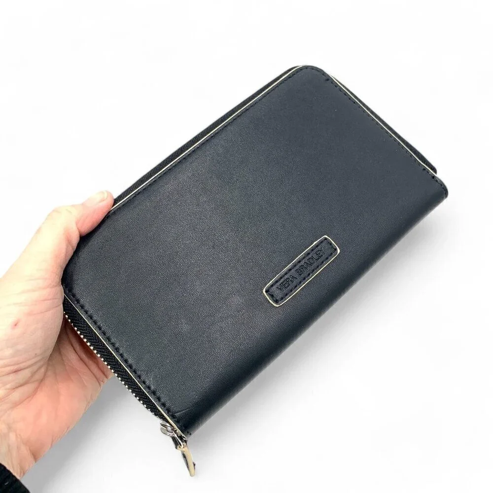 Vera Bradley Zip Around Accordion Style Leather Wallet Black w/Bl & Wh Leather